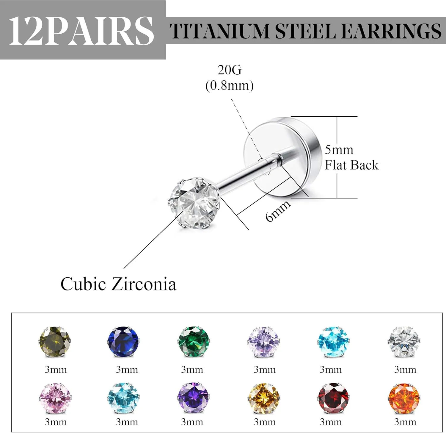 ORAZIO CZ Stud Earrings for Women Men Stainless Steel Cubic Zirconia Screwback Earrings Set