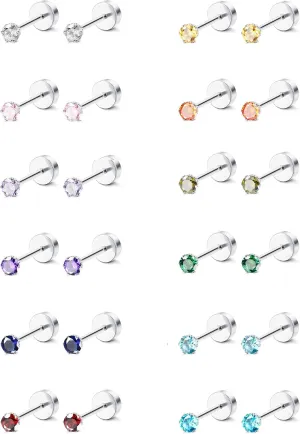 ORAZIO CZ Stud Earrings for Women Men Stainless Steel Cubic Zirconia Screwback Earrings Set