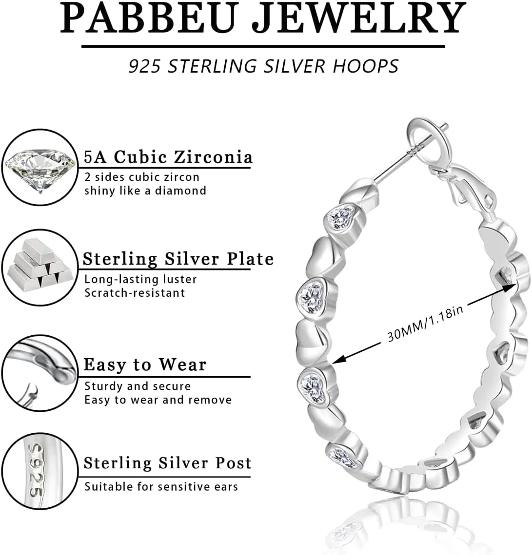 PABBEU S925 Sterling Silver Hoop Earrings for Women Cubic Zirconia Hypoallergenic Lightweight Dainty Heart Large Silver Hoop Earrings for Women 30/40mm