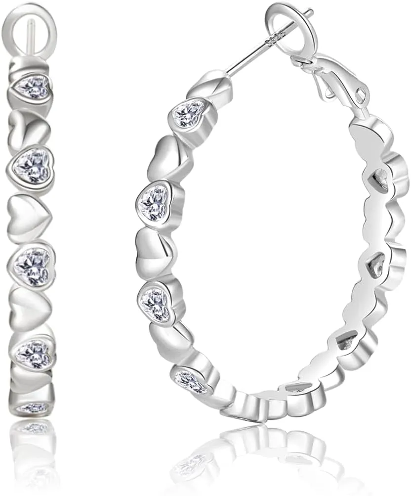 PABBEU S925 Sterling Silver Hoop Earrings for Women Cubic Zirconia Hypoallergenic Lightweight Dainty Heart Large Silver Hoop Earrings for Women 30/40mm