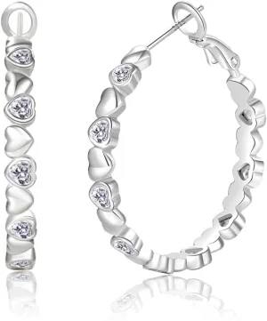 PABBEU S925 Sterling Silver Hoop Earrings for Women Cubic Zirconia Hypoallergenic Lightweight Dainty Heart Large Silver Hoop Earrings for Women 30/40mm