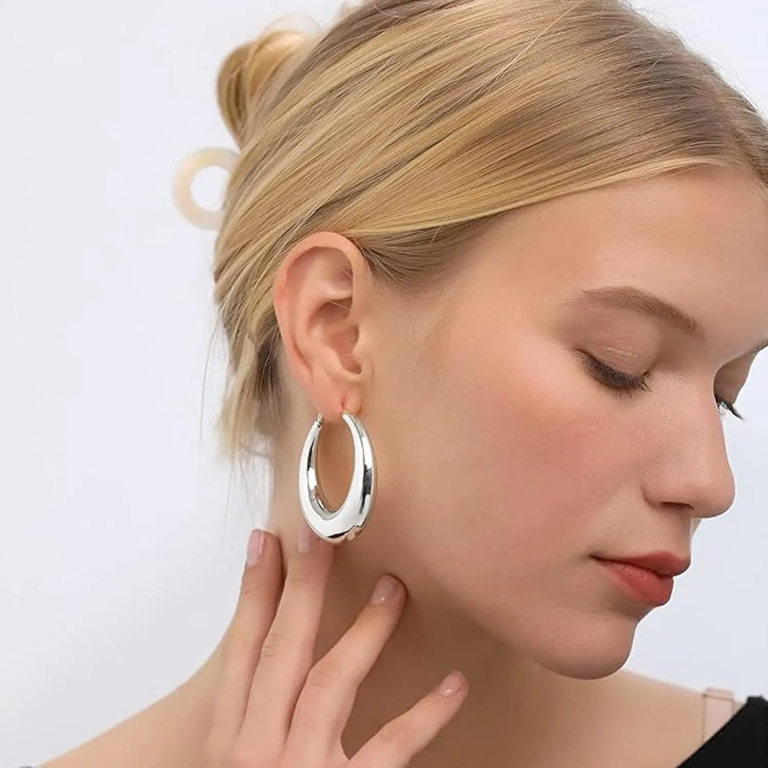 PABBEU Sterling Silver Chunky Large Hoops - Hypoallergenic S925 Silver Earrings for Women - 30/40/50MM