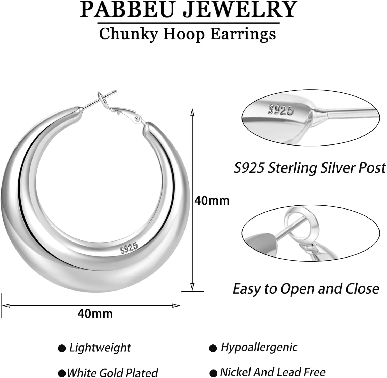 PABBEU Sterling Silver Chunky Large Hoops - Hypoallergenic S925 Silver Earrings for Women - 30/40/50MM