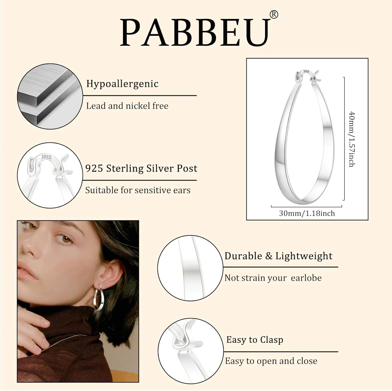 PABBEU Sterling Silver Hoop Earrings for Women Thick Large Hoops Earrings Lightweight Hypoallergenic Oval Silver Hoop Earring for Women Gifts 30/40/50/60MM