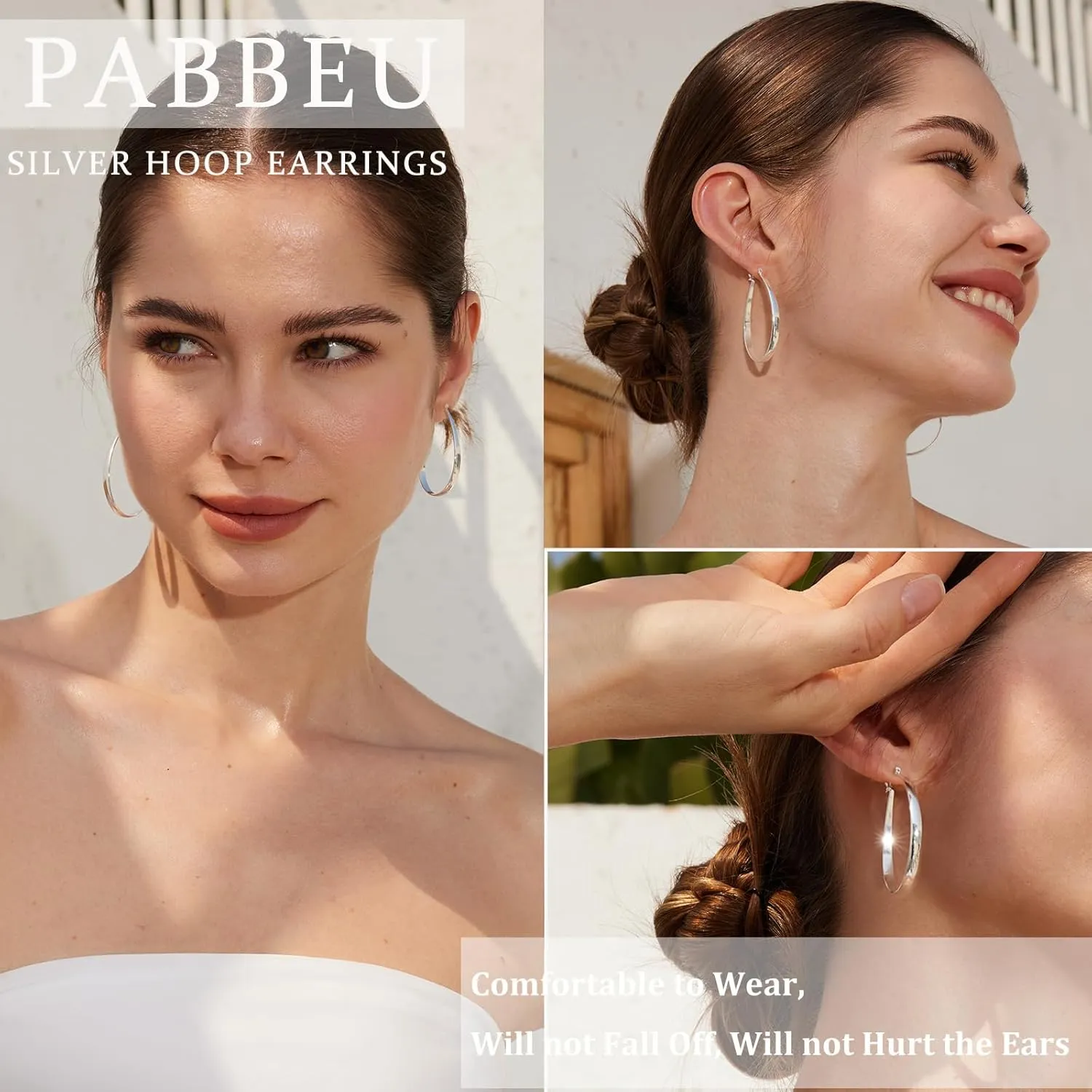 PABBEU Sterling Silver Hoop Earrings for Women Thick Large Hoops Earrings Lightweight Hypoallergenic Oval Silver Hoop Earring for Women Gifts 30/40/50/60MM