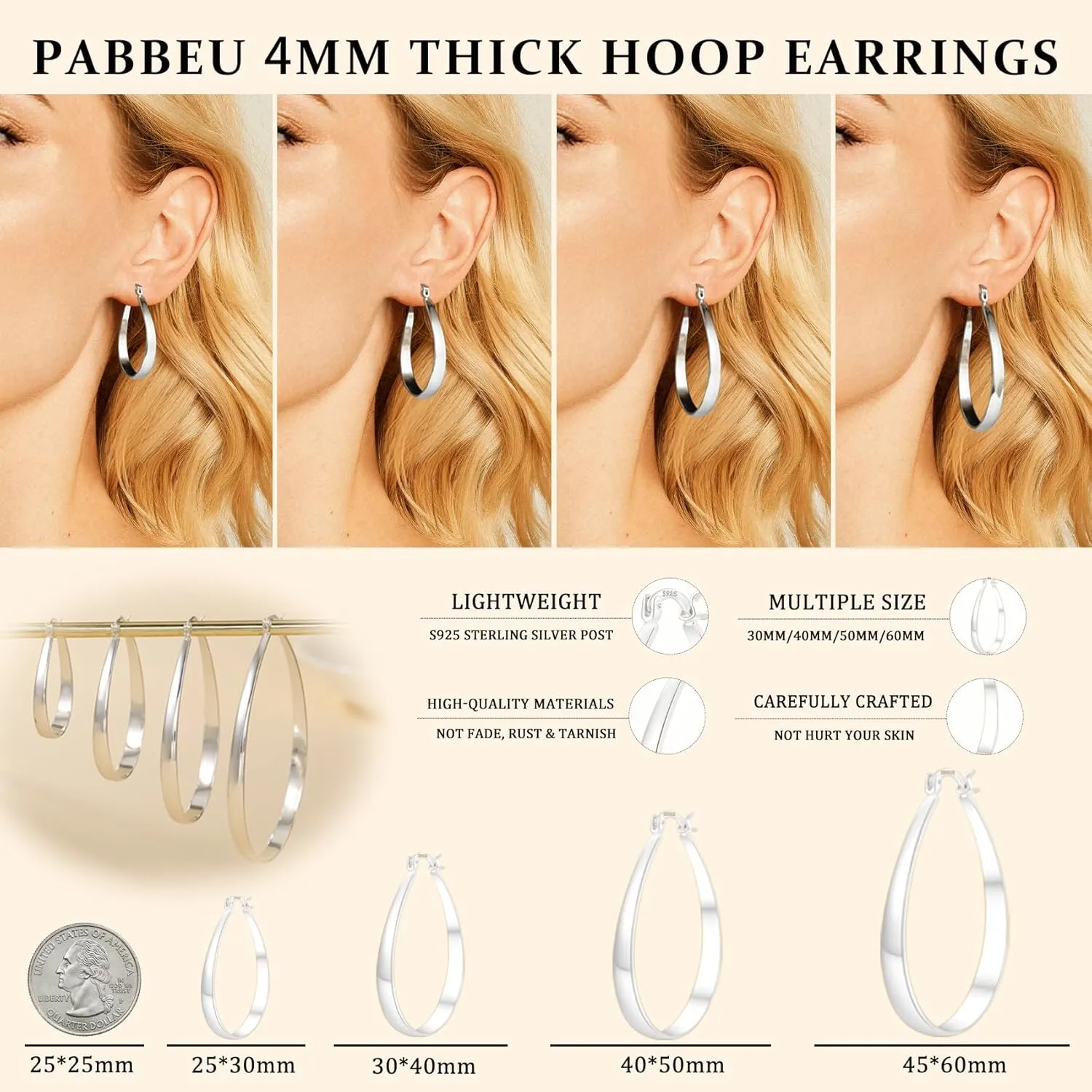 PABBEU Sterling Silver Hoop Earrings for Women Thick Large Hoops Earrings Lightweight Hypoallergenic Oval Silver Hoop Earring for Women Gifts 30/40/50/60MM