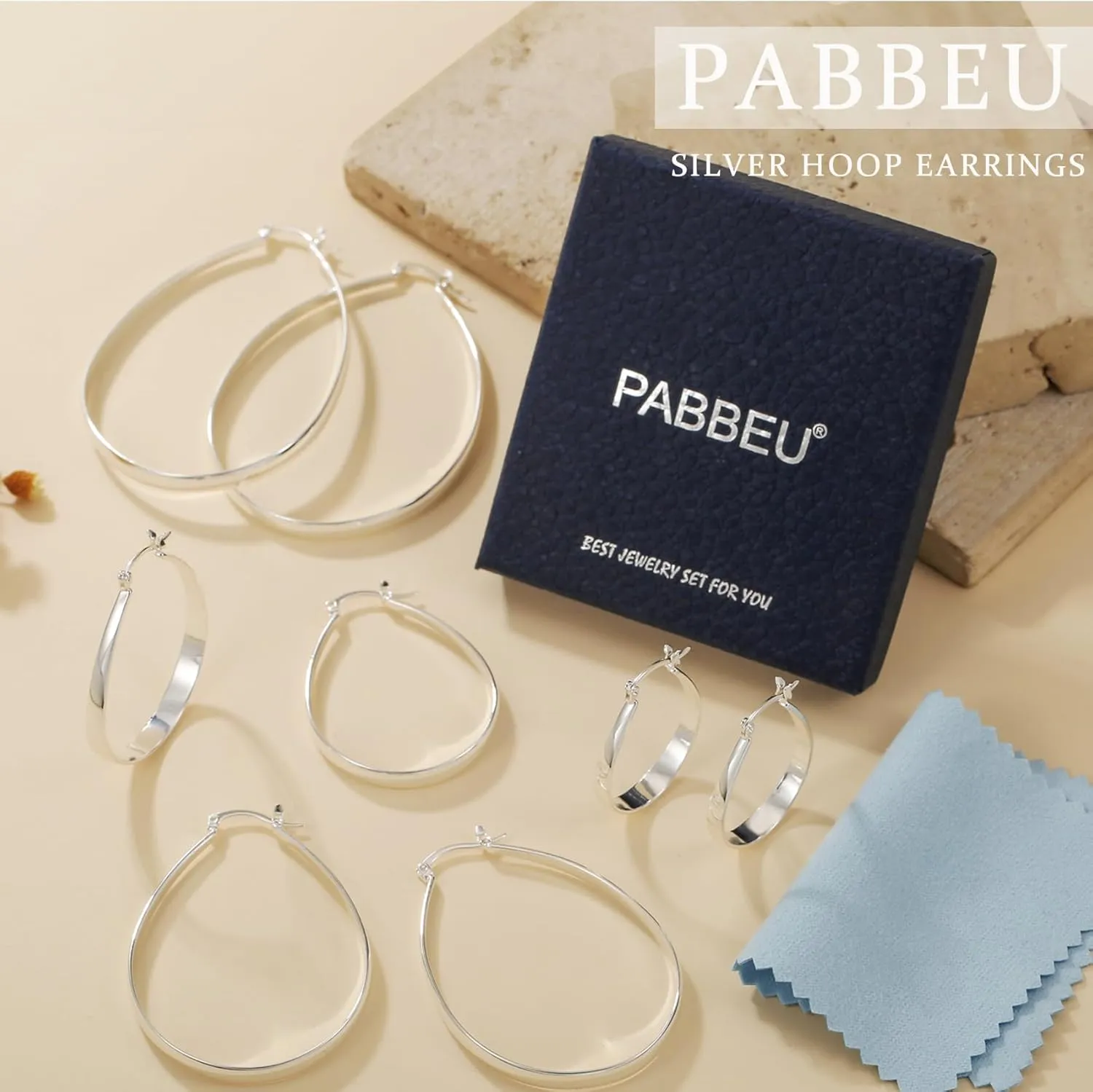 PABBEU Sterling Silver Hoop Earrings for Women Thick Large Hoops Earrings Lightweight Hypoallergenic Oval Silver Hoop Earring for Women Gifts 30/40/50/60MM