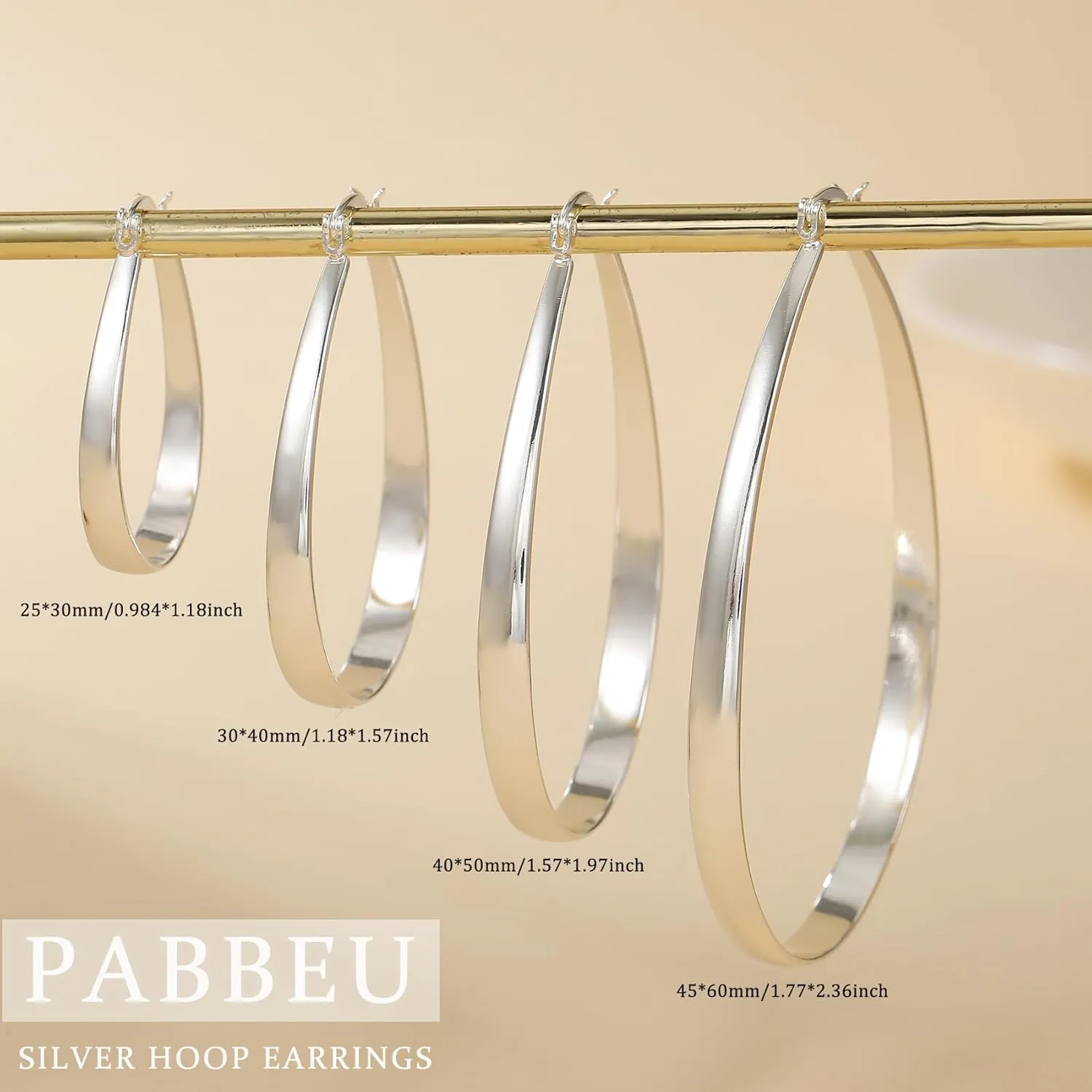 PABBEU Sterling Silver Hoop Earrings for Women Thick Large Hoops Earrings Lightweight Hypoallergenic Oval Silver Hoop Earring for Women Gifts 30/40/50/60MM