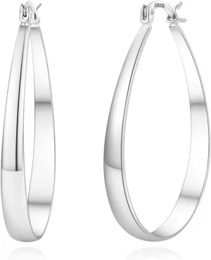 PABBEU Sterling Silver Hoop Earrings for Women Thick Large Hoops Earrings Lightweight Hypoallergenic Oval Silver Hoop Earring for Women Gifts 30/40/50/60MM