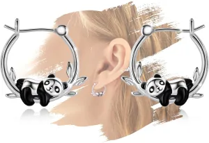 Panda Earrings for Girls - Sterling Silver Panda Hoop Earrings for Teens Hypoallergenic Cute Animal Earrings for Women for Sensitive Ears Huggie Hoop Earrings Gifts for New Years Birthday