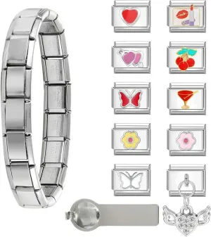 papasgix Italian Charm Bracelet Set with Starter Brascelet, Assorted Charms and Opening Tools, 9mm Modular Italian Charm Bracelet Links Handmade DIY Jewelry Gifts Love Diamond