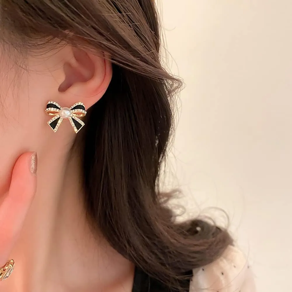 Pearl Bow Knot Small Stud Earrings 925 Sterling Silver Pins Cubic Zirconia Crystal Butterfly Tie Cute Statement Earrings Cartilage Studs Wedding Christmas Jewelry Gifts for Women Girls