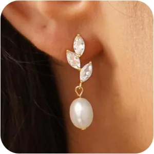 Pearl Earrings for Women, Trendy 14k Gold Plated Drop Hoop Pearl Earrings Dainty Freshwater Leaf Bow Pearl Dangle Earring Elegant Hypoallergenic Bridesmaid Gold Pearl Earrings Wedding Jewelry for Women