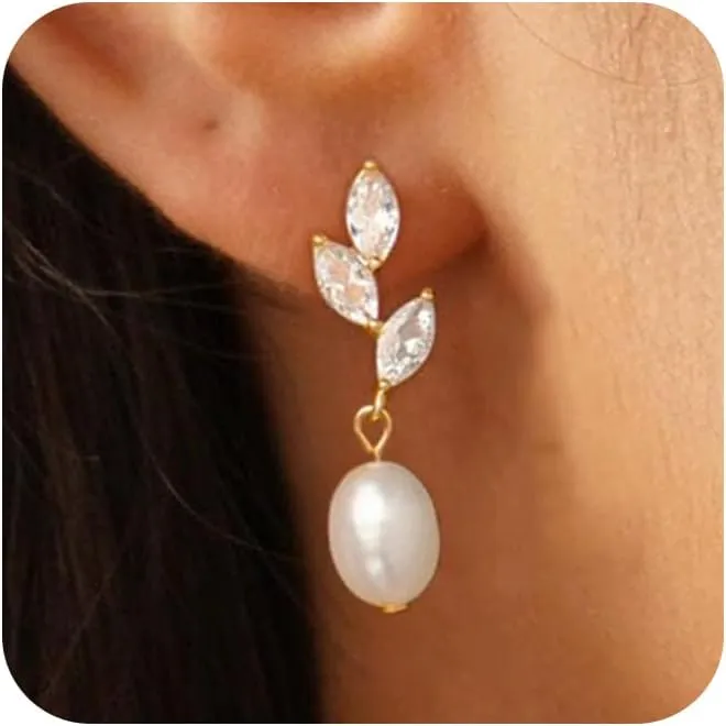 Pearl Earrings for Women, Trendy 14k Gold Plated Drop Hoop Pearl Earrings Dainty Freshwater Leaf Bow Pearl Dangle Earring Elegant Hypoallergenic Bridesmaid Gold Pearl Earrings Wedding Jewelry for Women