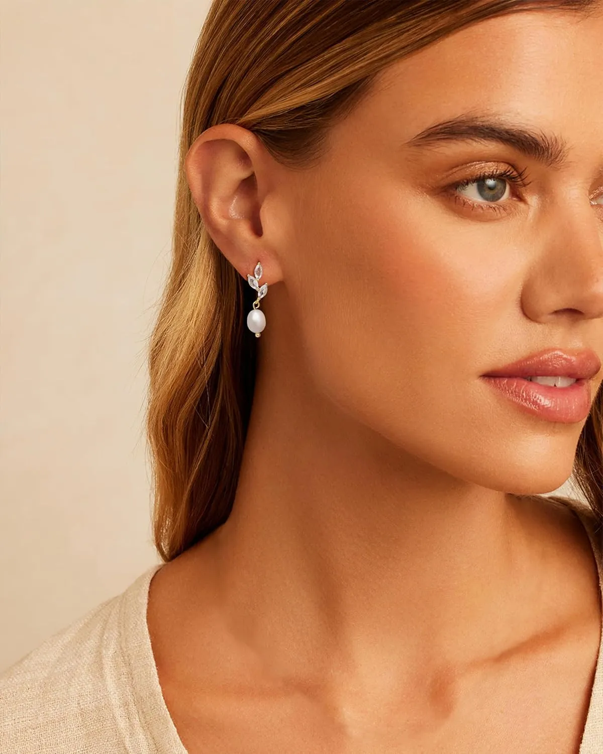 Pearl Earrings for Women, Trendy 14k Gold Plated Drop Hoop Pearl Earrings Dainty Freshwater Leaf Bow Pearl Dangle Earring Elegant Hypoallergenic Bridesmaid Gold Pearl Earrings Wedding Jewelry for Women
