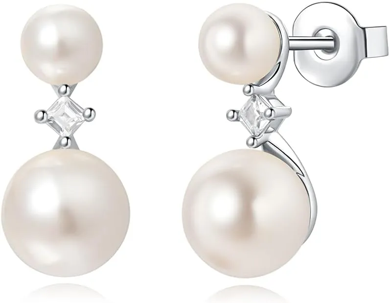 Pearl Stud Earrings for Women, 14K Gold Plated Hypoallergenic Dainty Princess Cut Cubic Zirconia Shell Pearl Earrings, Sterling Silver Ear Posts, Jewelry Gift for Her