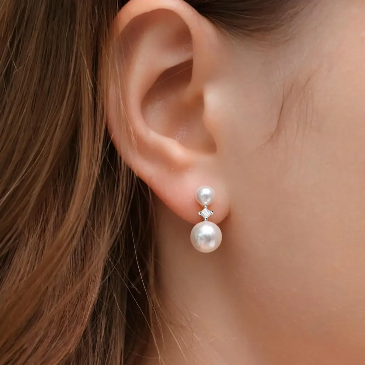 Pearl Stud Earrings for Women, 14K Gold Plated Hypoallergenic Dainty Princess Cut Cubic Zirconia Shell Pearl Earrings, Sterling Silver Ear Posts, Jewelry Gift for Her