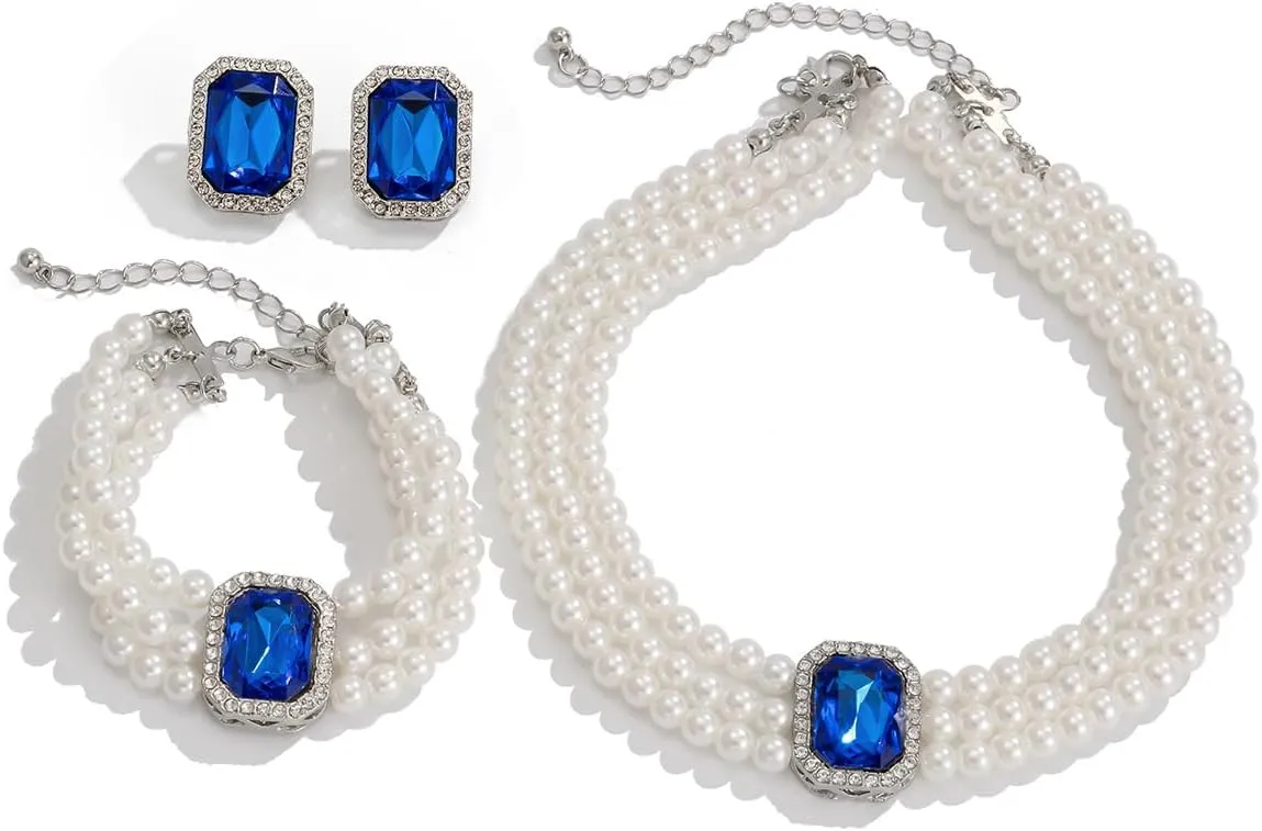 Pearls Layered Choker Necklaces Multilayer Faux Pearl Bracelet Crystal Earrings Jewelry Set 1920s Choker Necklace Bridal Wedding Party Jewelry
