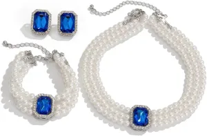 Pearls Layered Choker Necklaces Multilayer Faux Pearl Bracelet Crystal Earrings Jewelry Set 1920s Choker Necklace Bridal Wedding Party Jewelry