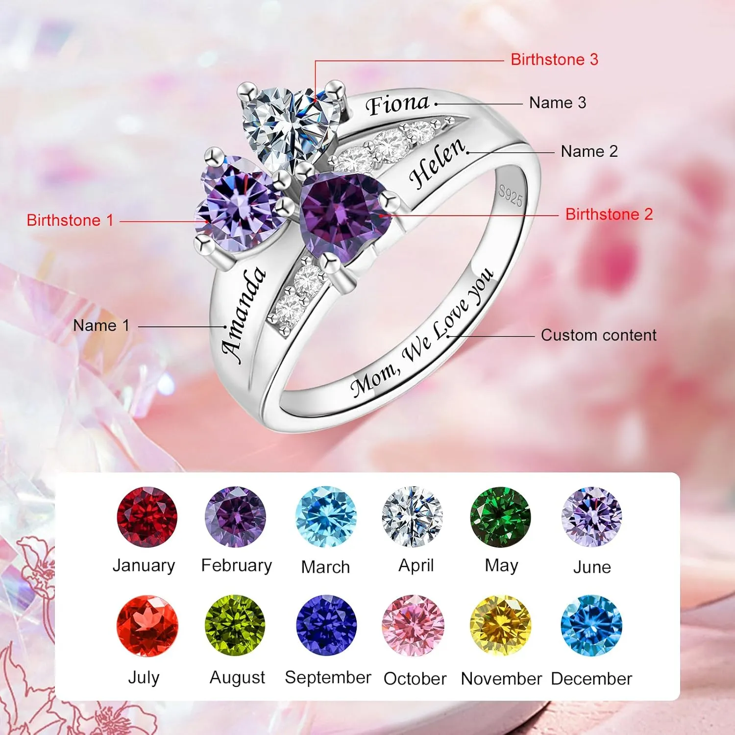 Personalized Birthstone Rings for Women Custom Mothers Name Rings with 2-3 Birthstones 925 Sterling Silver Engraved Text Promise Rings Wedding Mother's Day Jewelry Gifts for Mom Wife Grandmother