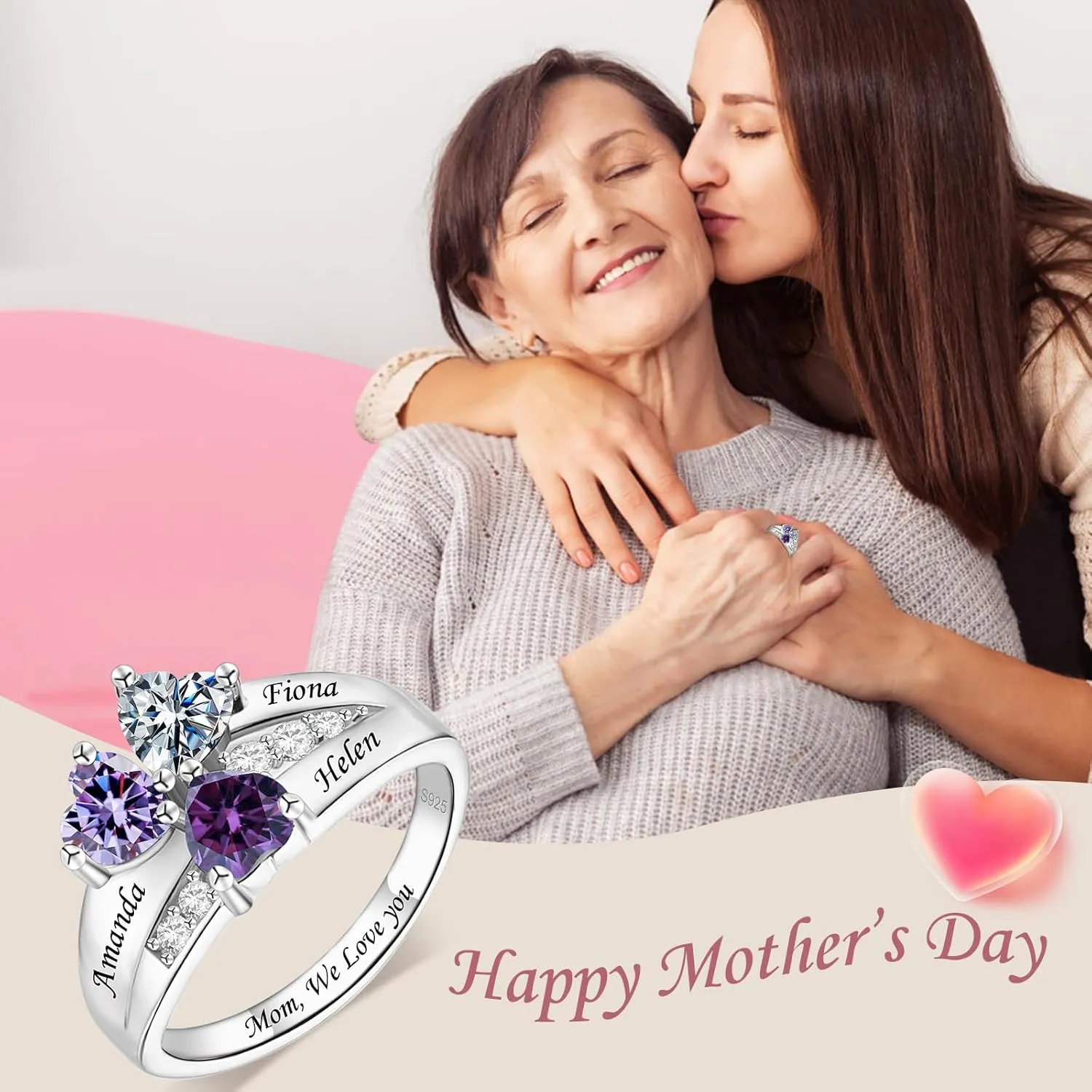 Personalized Birthstone Rings for Women Custom Mothers Name Rings with 2-3 Birthstones 925 Sterling Silver Engraved Text Promise Rings Wedding Mother's Day Jewelry Gifts for Mom Wife Grandmother