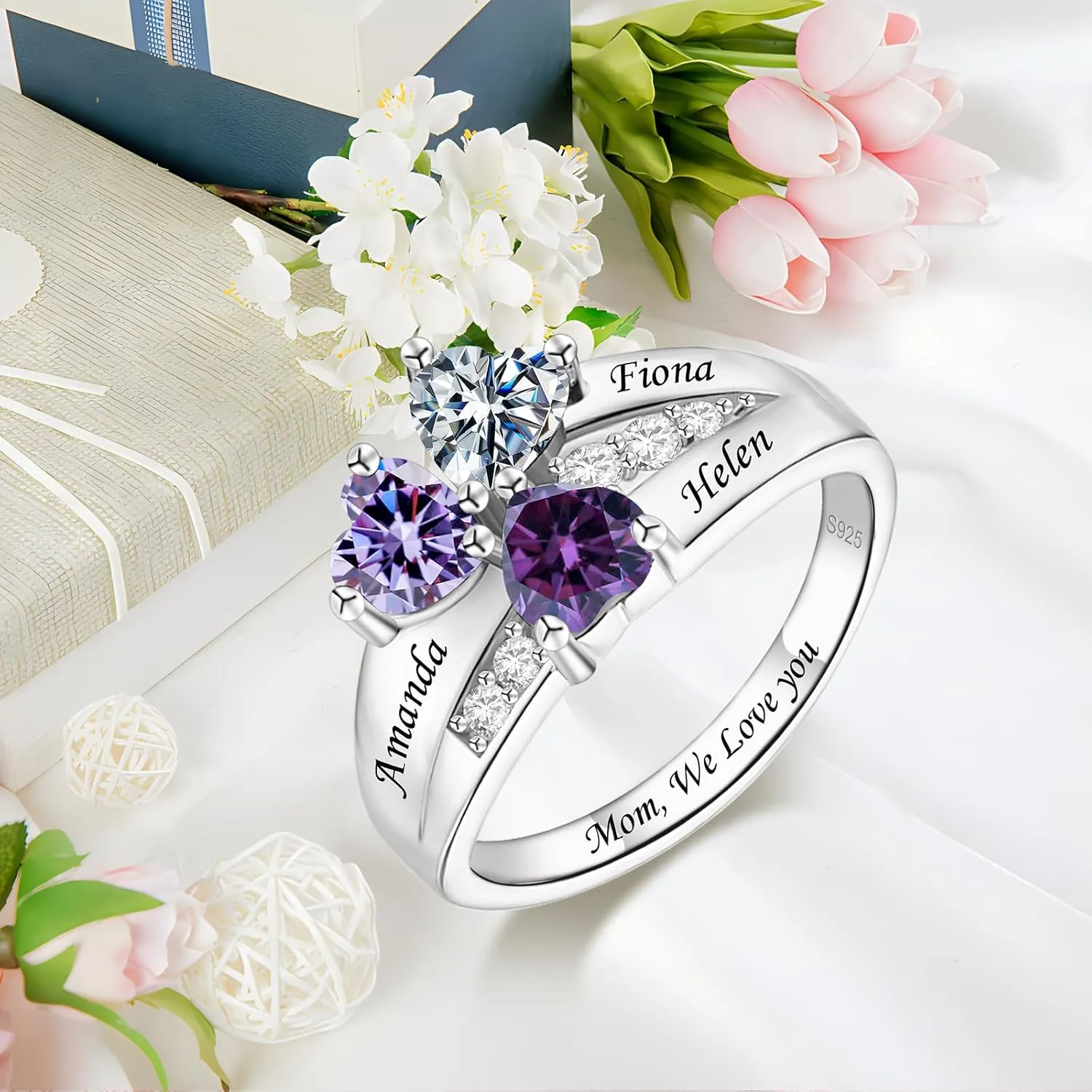 Personalized Birthstone Rings for Women Custom Mothers Name Rings with 2-3 Birthstones 925 Sterling Silver Engraved Text Promise Rings Wedding Mother's Day Jewelry Gifts for Mom Wife Grandmother