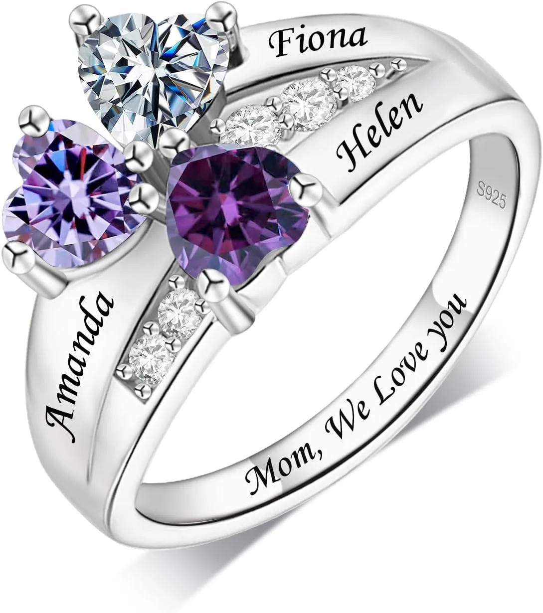 Personalized Birthstone Rings for Women Custom Mothers Name Rings with 2-3 Birthstones 925 Sterling Silver Engraved Text Promise Rings Wedding Mother's Day Jewelry Gifts for Mom Wife Grandmother