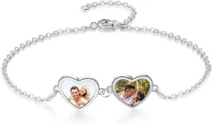 Personalized Photo Charm Bracelet for Women - Heart Locket Bracelet for Women Engraved Name Link Charm Bracelet with Simulated Birthstone Adjustable Chain for Mom BFF Girls Lovers Birthday Gift