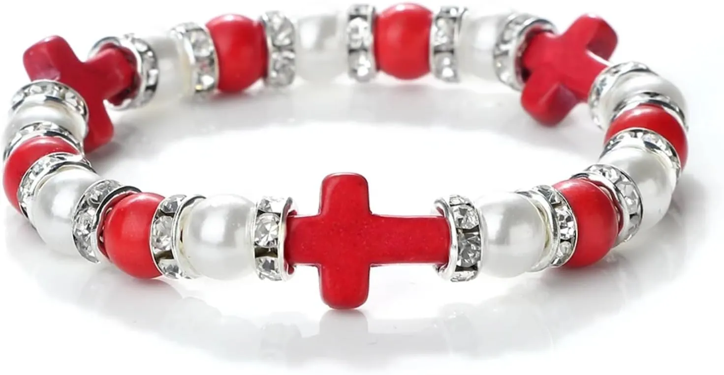 Prayer Jesus Cross Red Bracelet Imitation Pearl Black Matte Beads Braided Bracelets Women Men Handmade Jewelry Wish