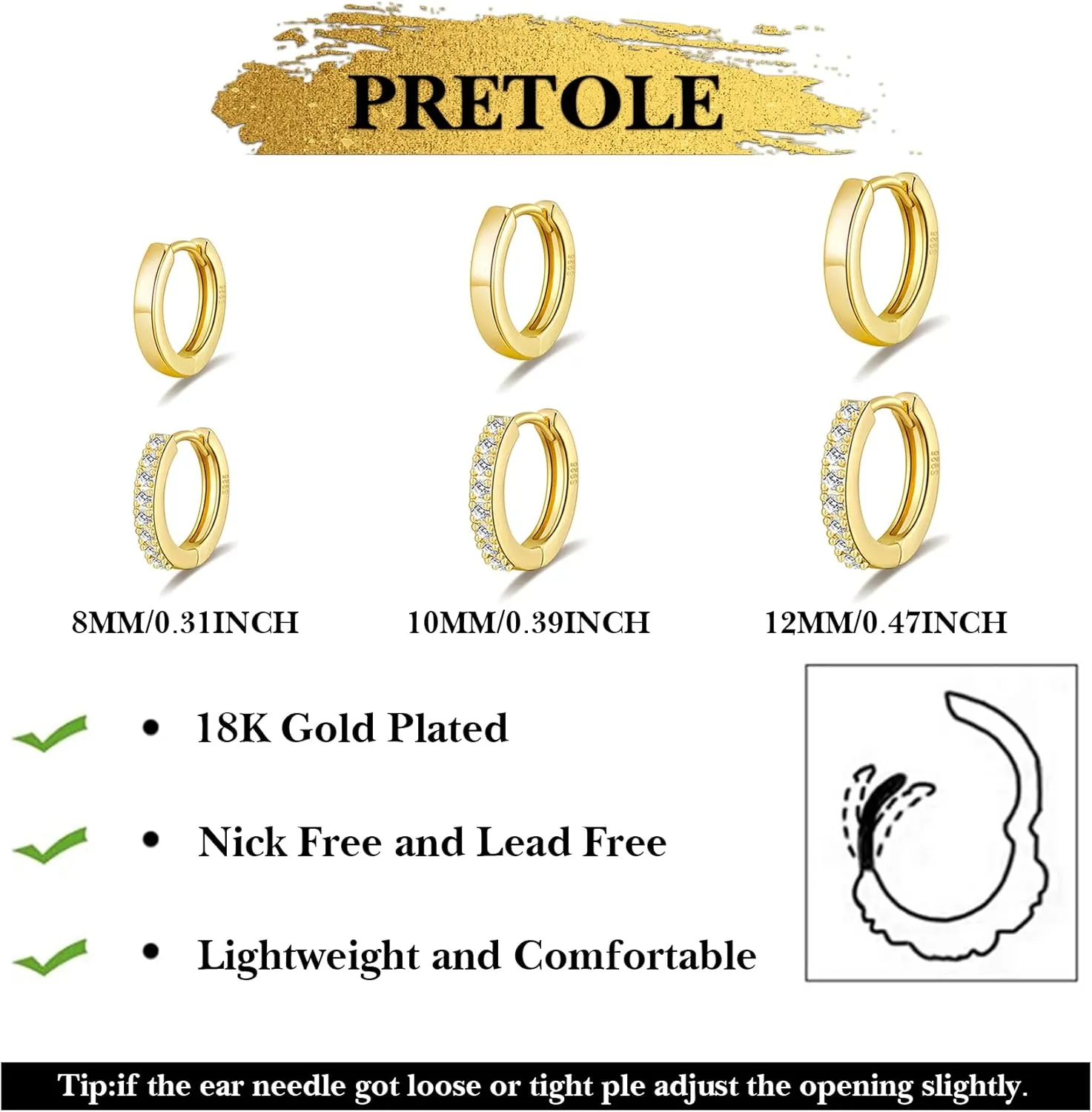 PRETOLE 925 Sterling Silver Hoop Earrings for Women Gold Huggie Hoop Earrings Hypoallergenic Lightweight 14K Gold Plated Mini Hoop Earrings with Cubic Zirconia Small Gold Cartilage Hoops for Women