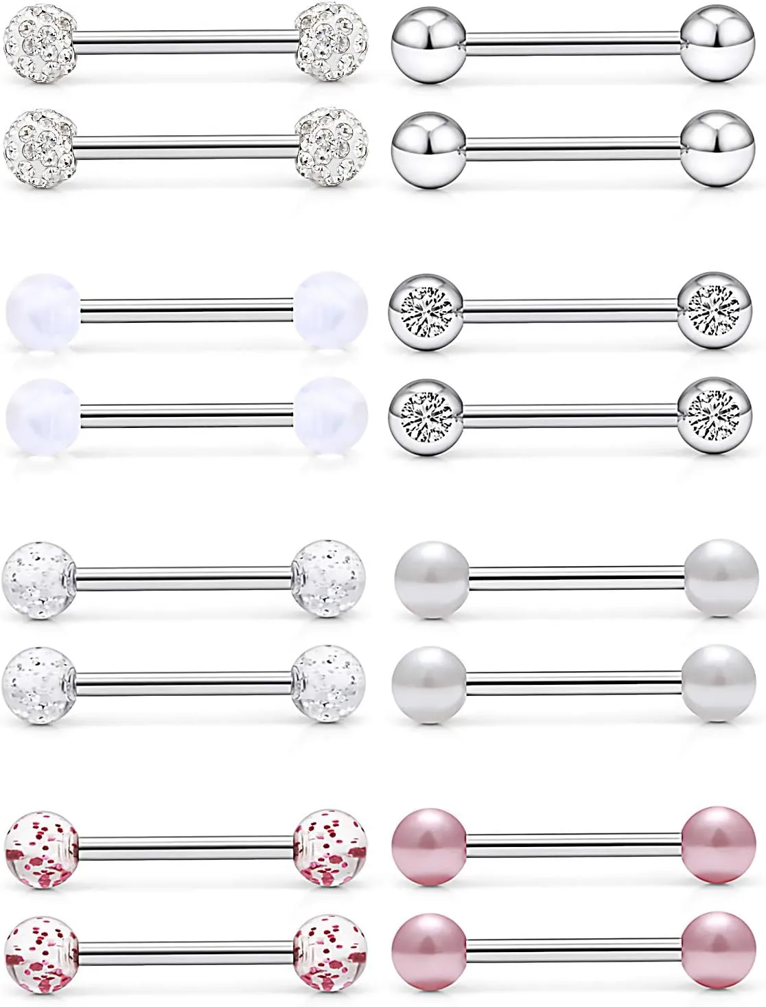 Prjndjw 14Pcs 14G Surgical Steel Tongue Rings Teaser Double Barbell with Slave Ring Body Piercing Jewelry for Women Men, Skull/Flower/Silicone Soft Spike Ball/Glitter Ball Closure