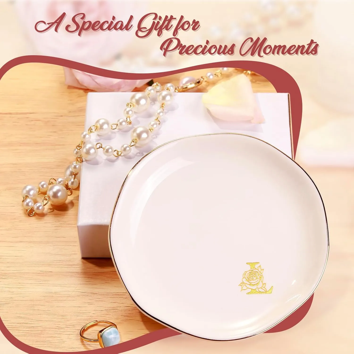 PUDDING CABIN Personalized Gifts for Women, Jewelry Dish Tray, Ceramic 4.3inch Initials Ring Dish with Rose Gold, (R)