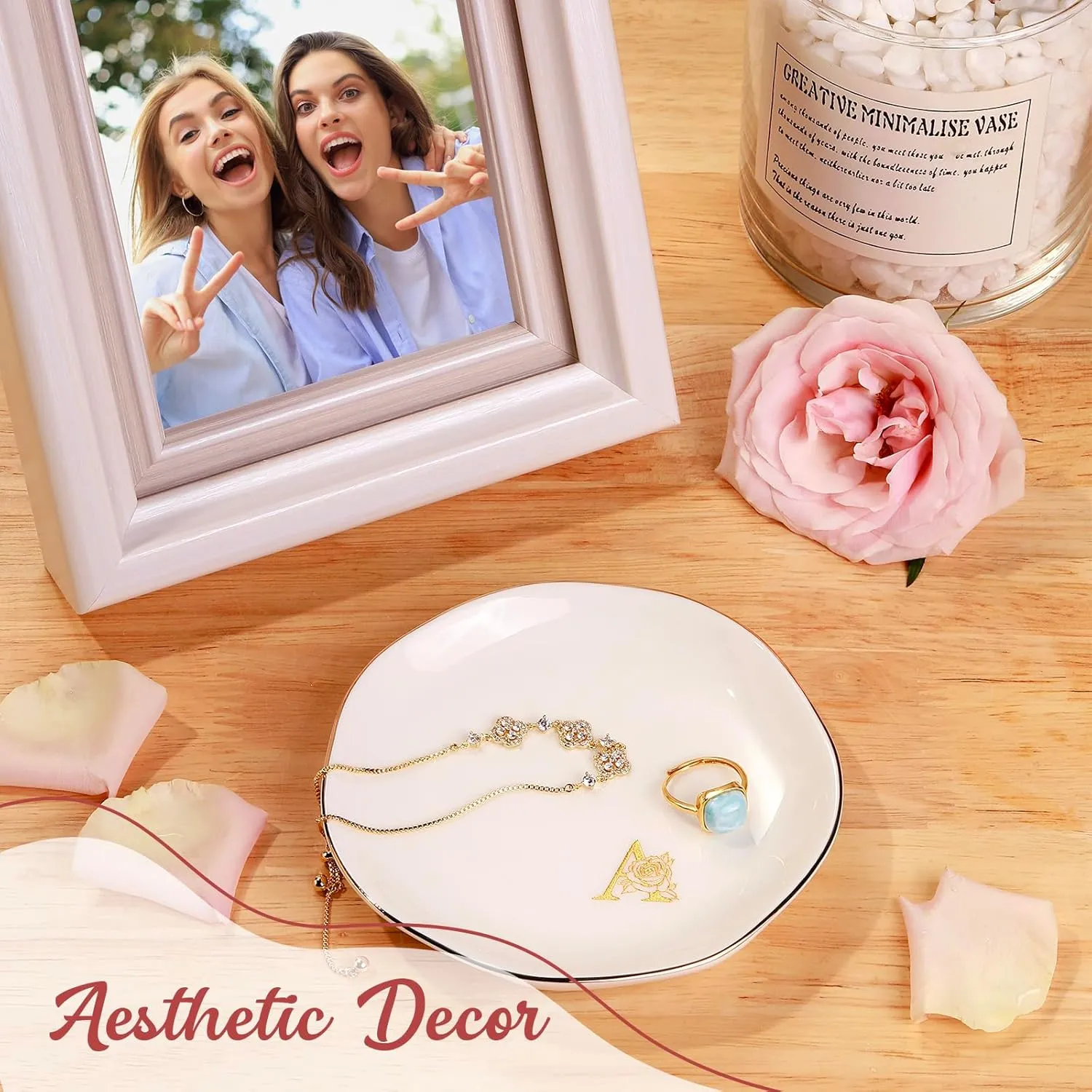 PUDDING CABIN Personalized Gifts for Women, Jewelry Dish Tray, Ceramic 4.3inch Initials Ring Dish with Rose Gold, (R)