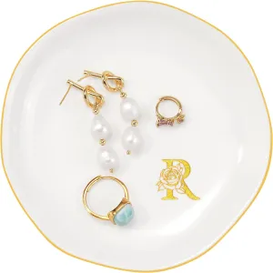 PUDDING CABIN Personalized Gifts for Women, Jewelry Dish Tray, Ceramic 4.3inch Initials Ring Dish with Rose Gold, (R)