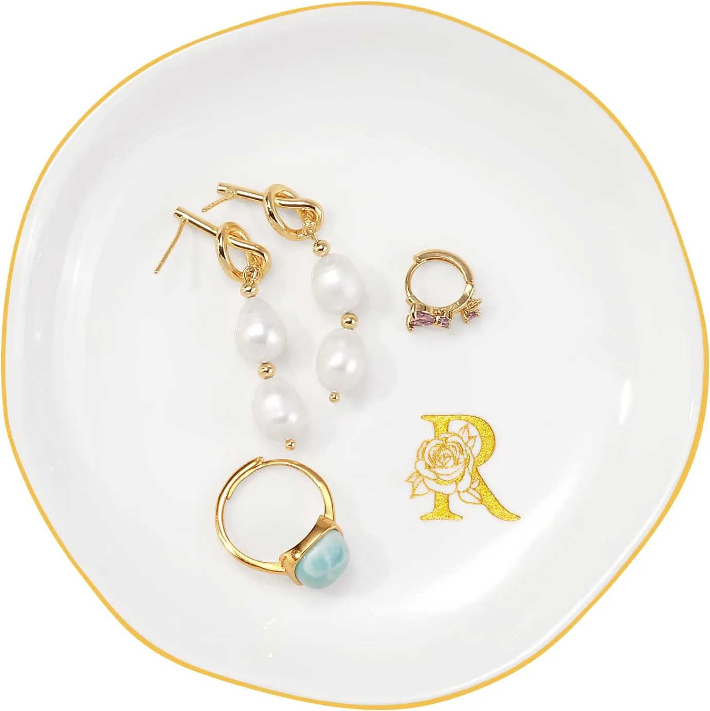 PUDDING CABIN Personalized Gifts for Women, Jewelry Dish Tray, Ceramic 4.3inch Initials Ring Dish with Rose Gold, (R)