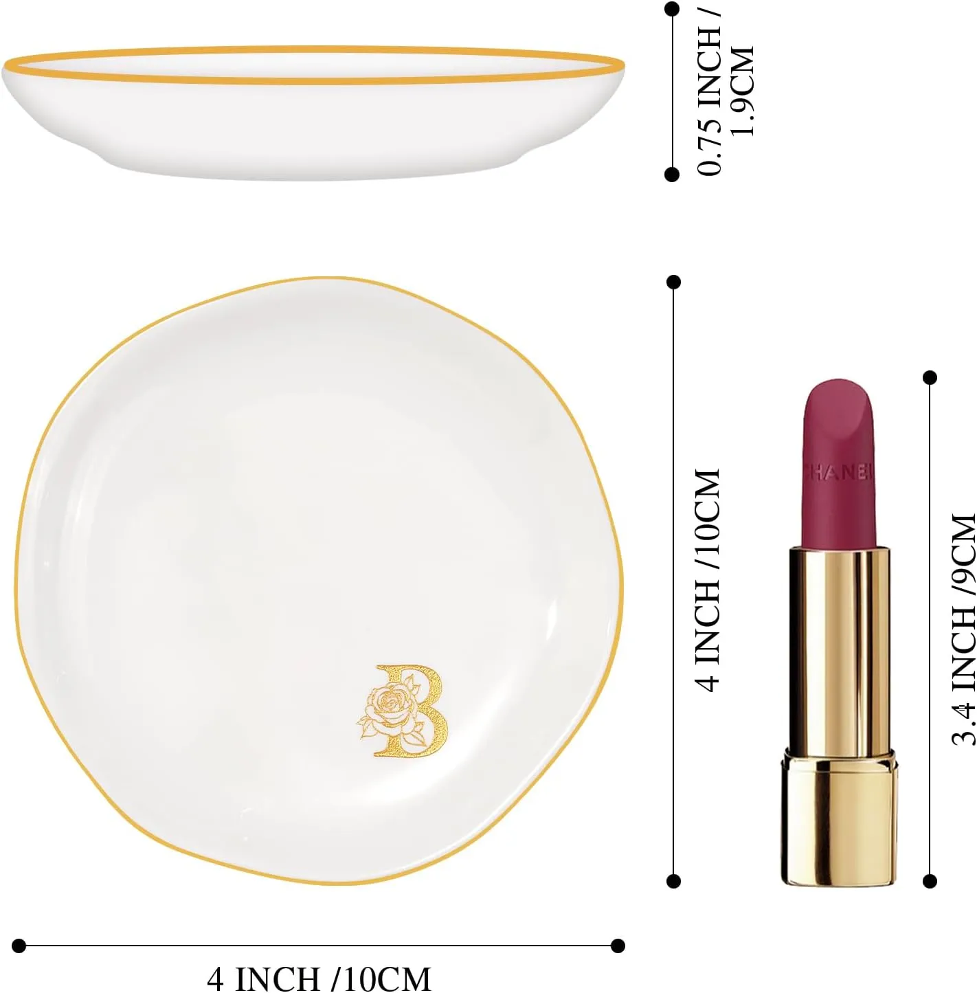 PUDDING CABIN Personalized Gifts for Women, Jewelry Dish Tray, Ceramic 4.3inch Initials Ring Dish with Rose Gold, (R)