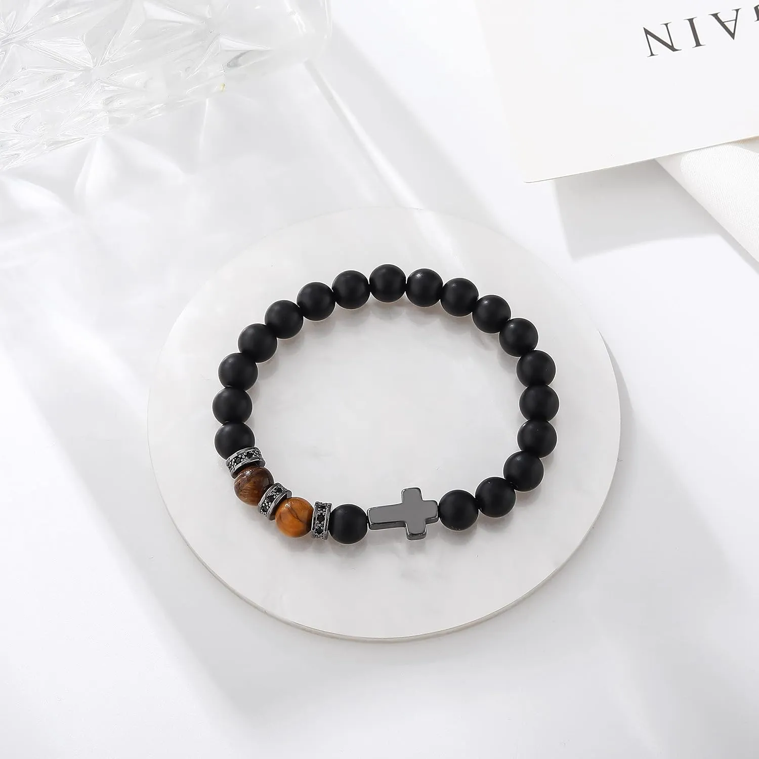 QWNHONEY Cross Bracelet for Men Father Dad Husband Son Brother Boyfriend Father's Day Baptism Communion Birthday Graduation Anniversary Christmas Christian Black Tiger Eyes Bead