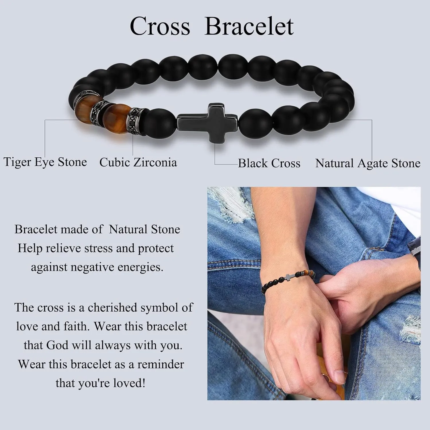QWNHONEY Cross Bracelet for Men Father Dad Husband Son Brother Boyfriend Father's Day Baptism Communion Birthday Graduation Anniversary Christmas Christian Black Tiger Eyes Bead