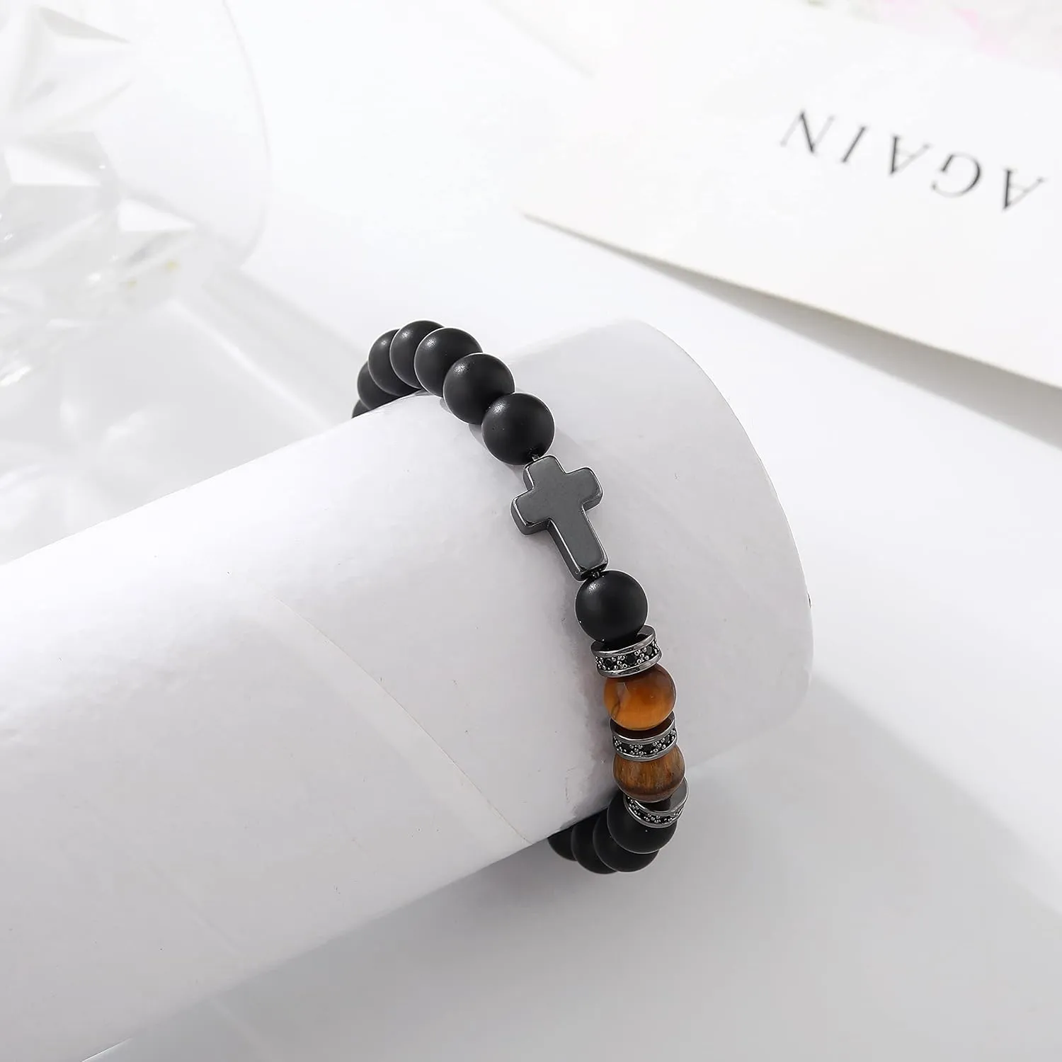 QWNHONEY Cross Bracelet for Men Father Dad Husband Son Brother Boyfriend Father's Day Baptism Communion Birthday Graduation Anniversary Christmas Christian Black Tiger Eyes Bead