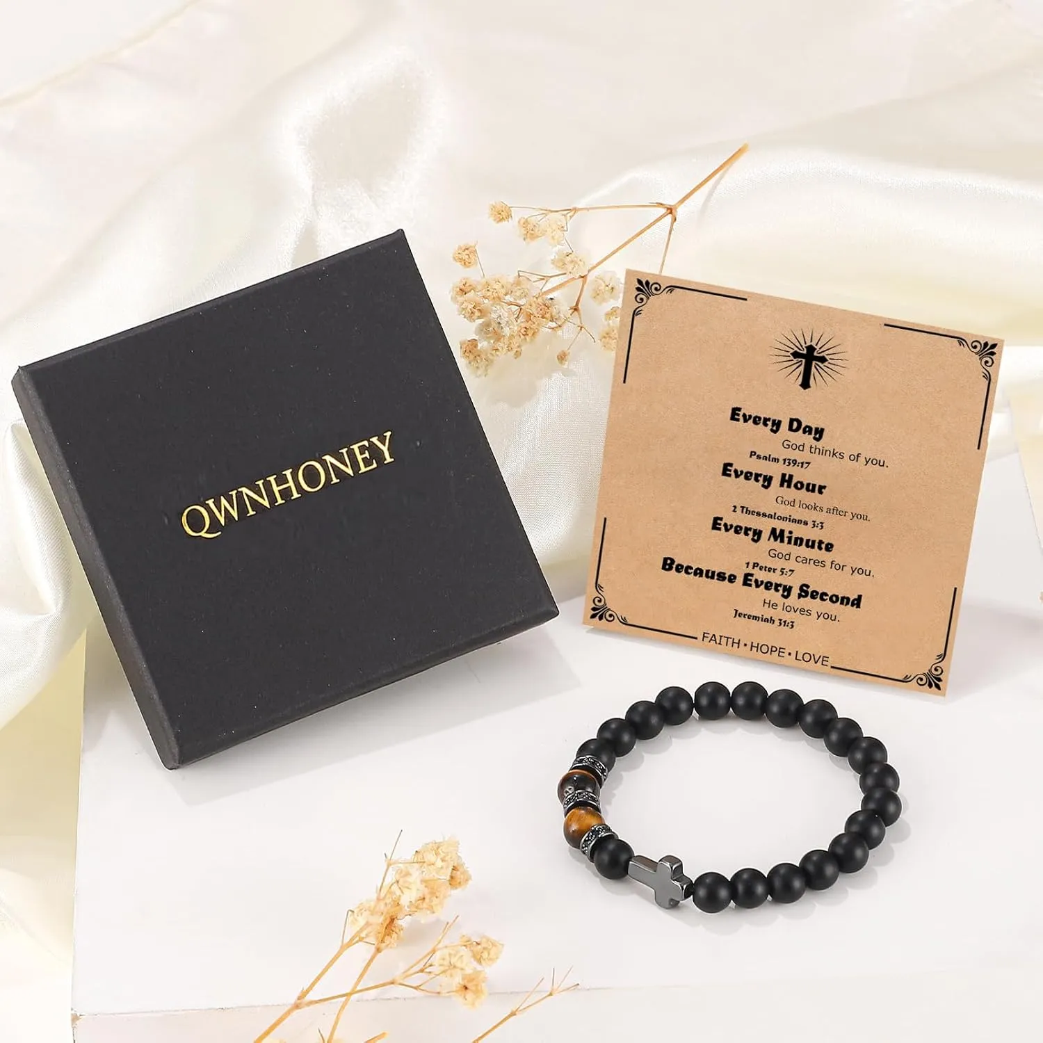 QWNHONEY Cross Bracelet for Men Father Dad Husband Son Brother Boyfriend Father's Day Baptism Communion Birthday Graduation Anniversary Christmas Christian Black Tiger Eyes Bead