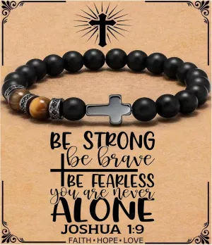QWNHONEY Cross Bracelet for Men Father Dad Husband Son Brother Boyfriend Father's Day Baptism Communion Birthday Graduation Anniversary Christmas Christian Black Tiger Eyes Bead