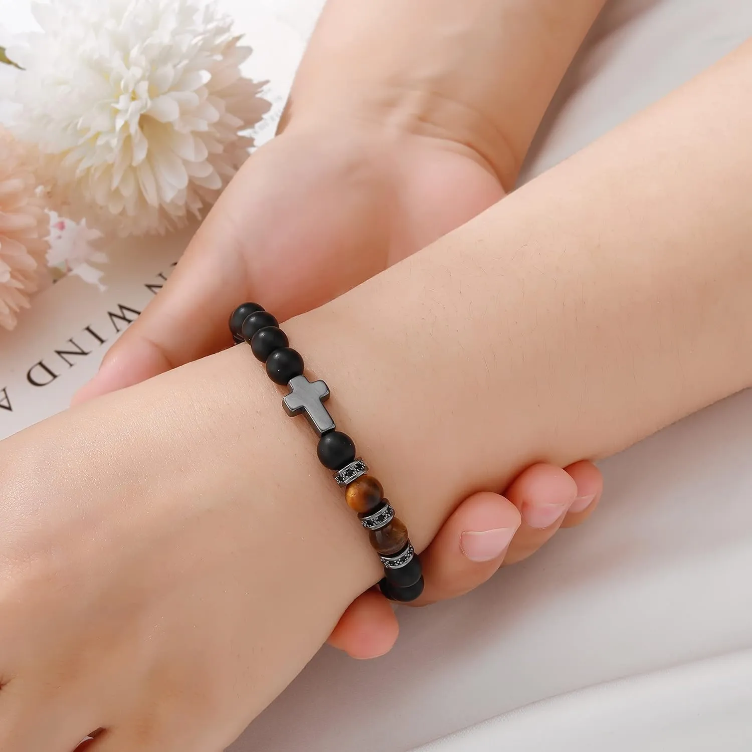 QWNHONEY Cross Bracelet for Men Father Dad Husband Son Brother Boyfriend Father's Day Baptism Communion Birthday Graduation Anniversary Christmas Christian Black Tiger Eyes Bead