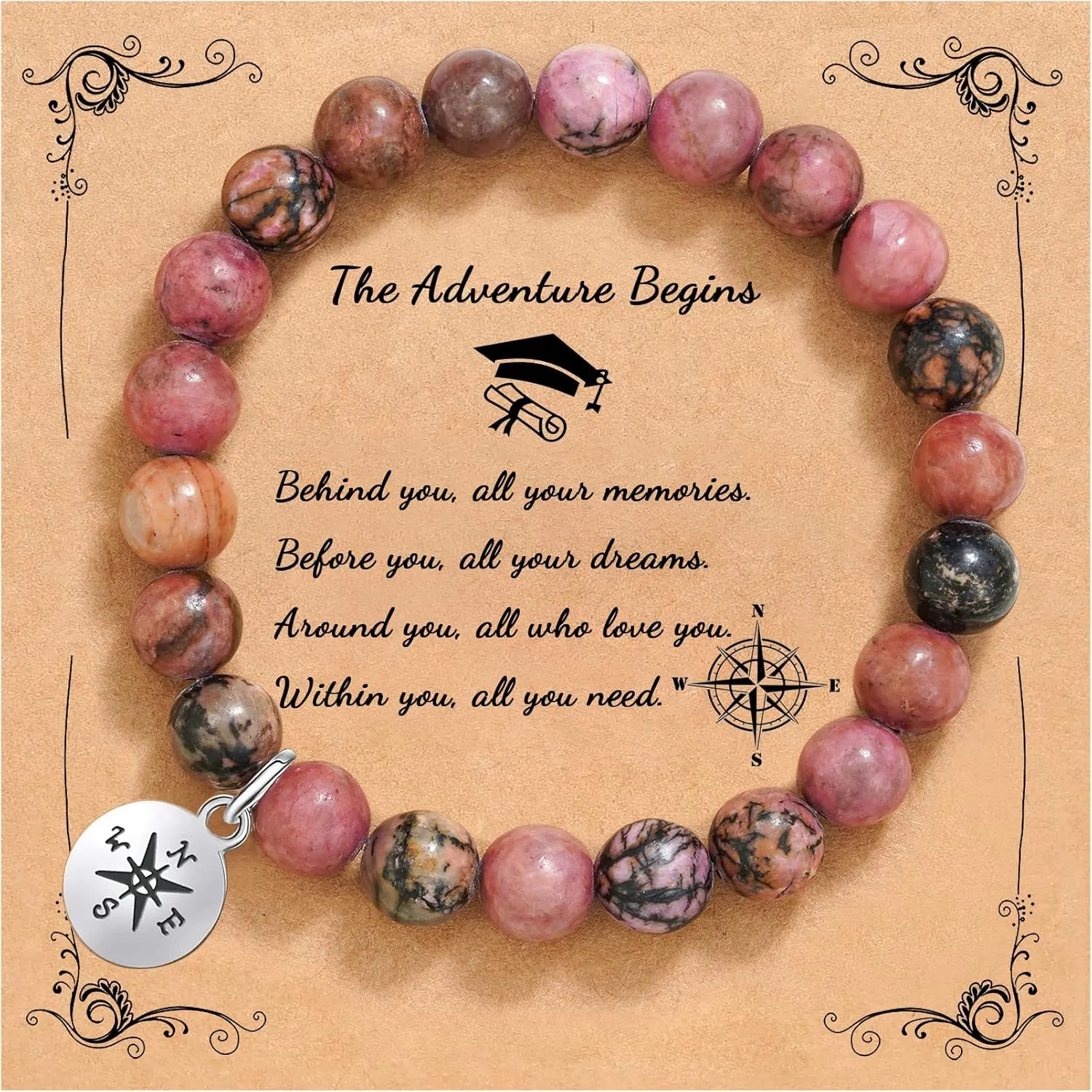 QWNHONEY Teacher Gifts for Women Teacher Appreciation Gifts Graduation Gift for Her Natural Stone High School Class of 2025 Apple Bee Compass Tree Charm Jewelry Bracelet