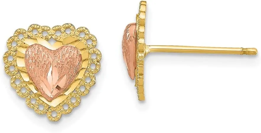 Real 14k Yellow and White Gold Two Tone Diamond-Cut Heart Lace Trim Post Studs Earrings