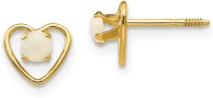 Real 14k Yellow Gold 3mm Opal Birthstone Heart Button Post Studs Earrings 6mm