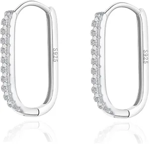 Reffeer 925 Sterling Silver CZ Square Hoop Earrings for Women Teens CZ U Hoop Earrings Minimalist Hoop Earrings