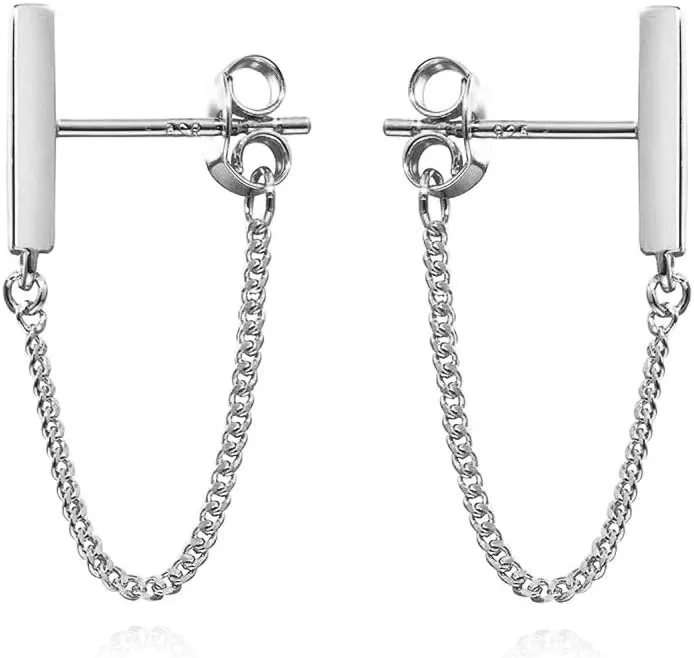Reffeer Solid 925 Sterling Silver Bar Chain Dangle Earrings Drops for Women Teens Bar Drop Earrings Chain Studs