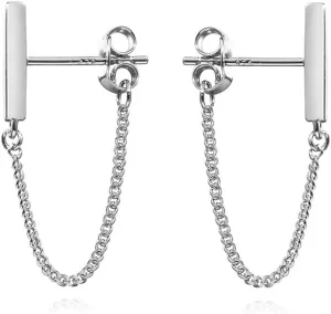 Reffeer Solid 925 Sterling Silver Bar Chain Dangle Earrings Drops for Women Teens Bar Drop Earrings Chain Studs