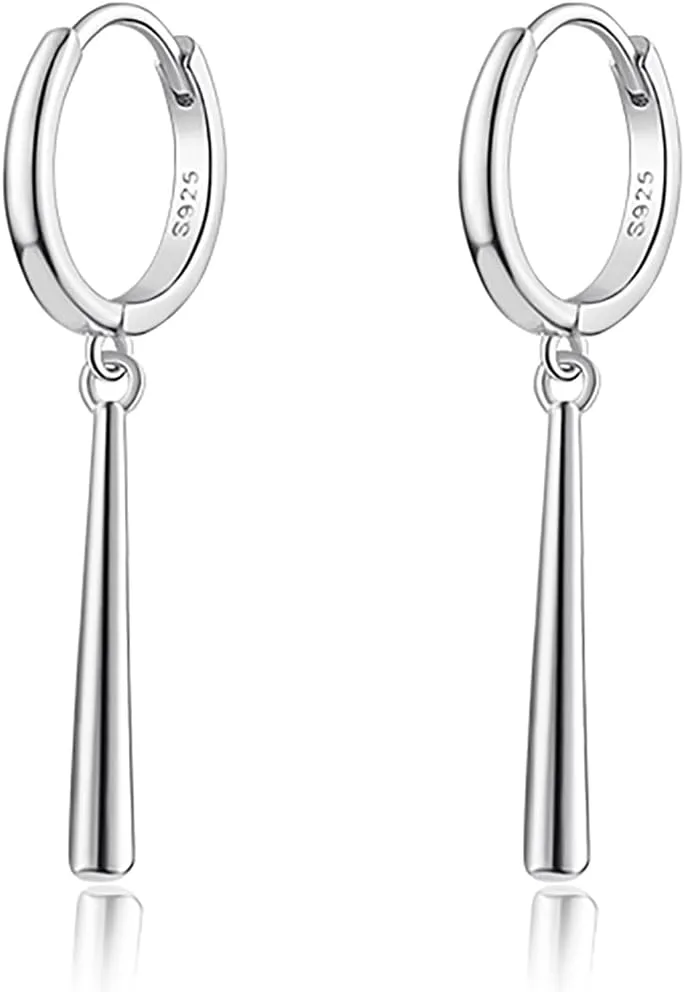 Reffeer Solid 925 Sterling Silver Bar Hoop Dangle Earrings for Women Teens Bar Dangle Earrings Minimalist Hoop Drop Earrings