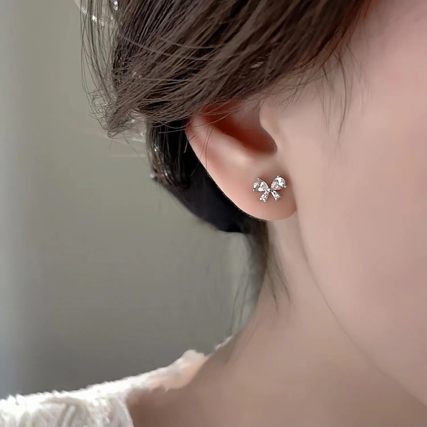 Reffeer Solid 925 Sterling Silver CZ Bow Stud Earrings for Women Teens Small Cute Bow Earrings Stud Hypoallergenic